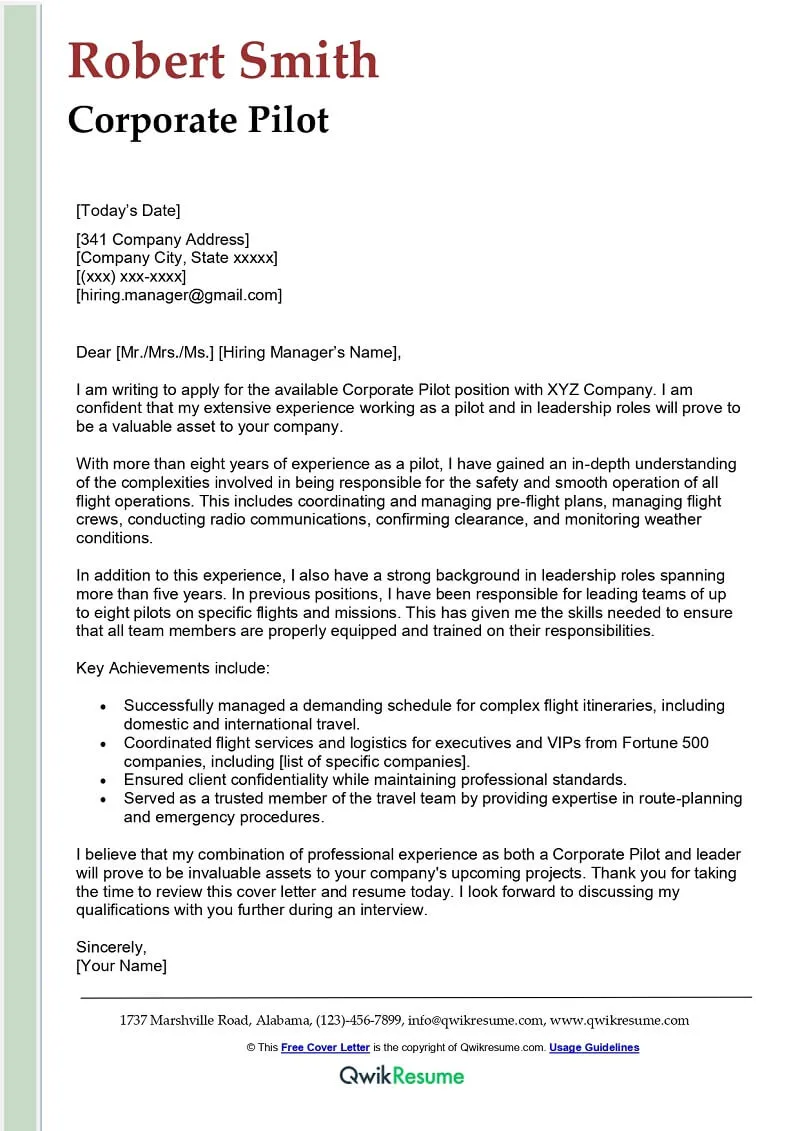 42852 pilot cover letter keywords