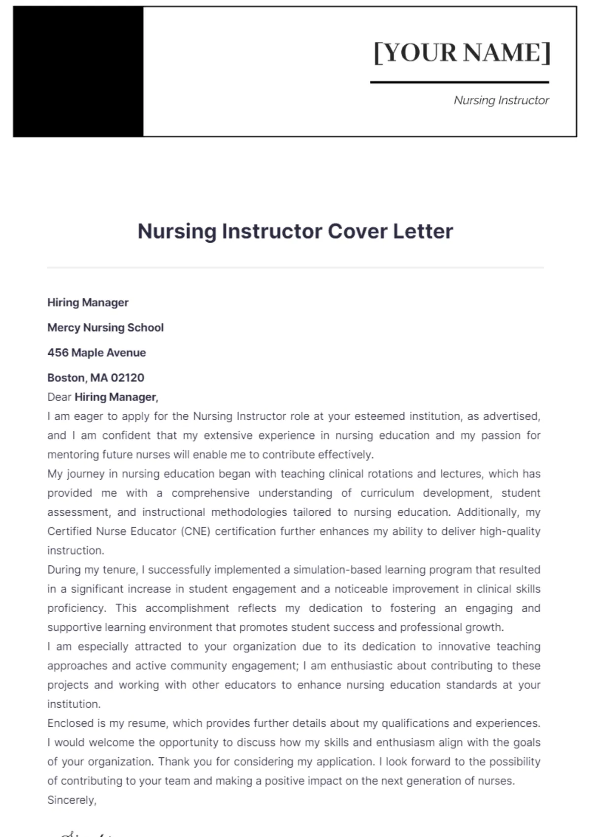 42883 nursing instructor cover letter header