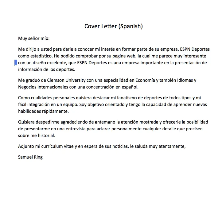 43005 cover letter espanol language