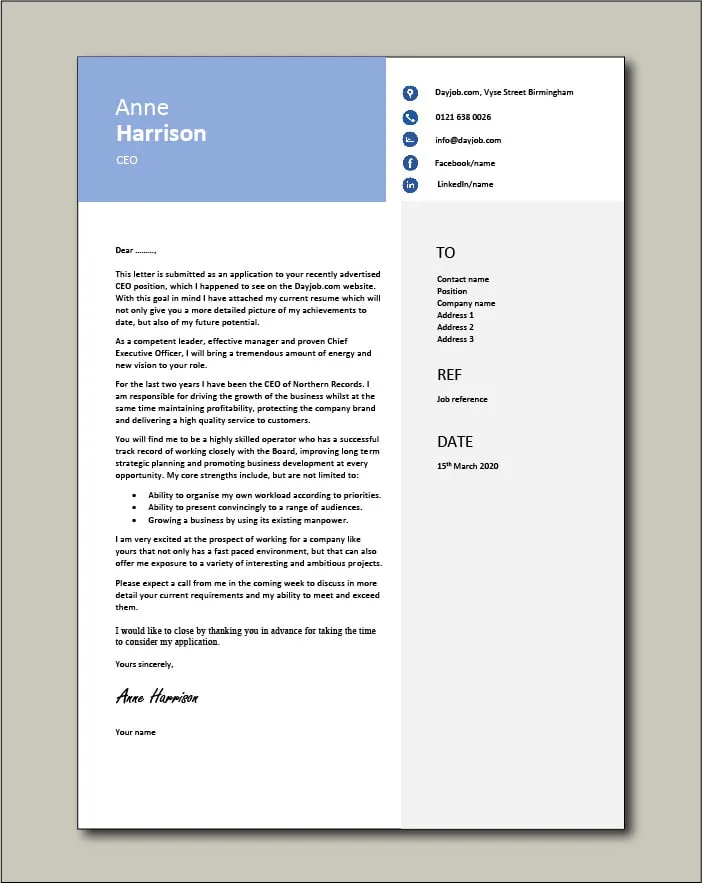 43019 ceo cover letter components