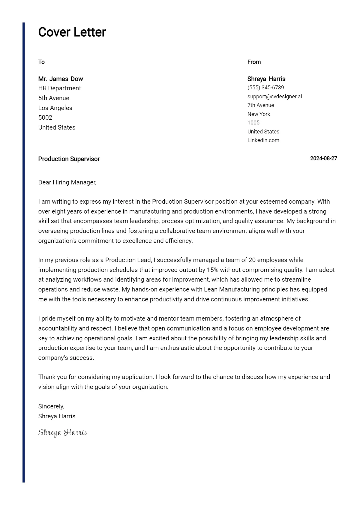 43027 supervisor cover letter achievements