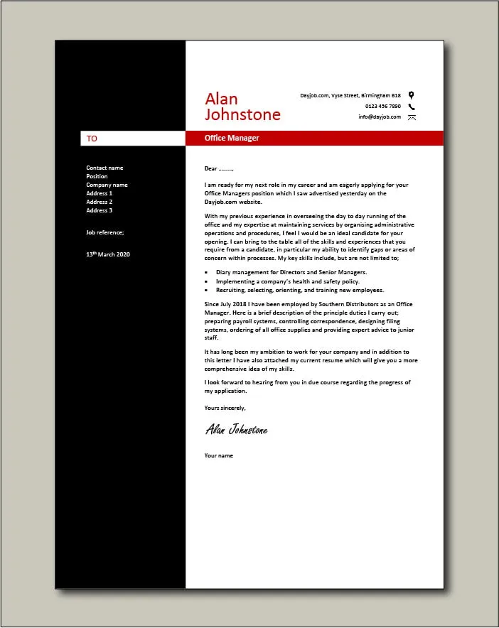 43045 office manager job cover letter skills
