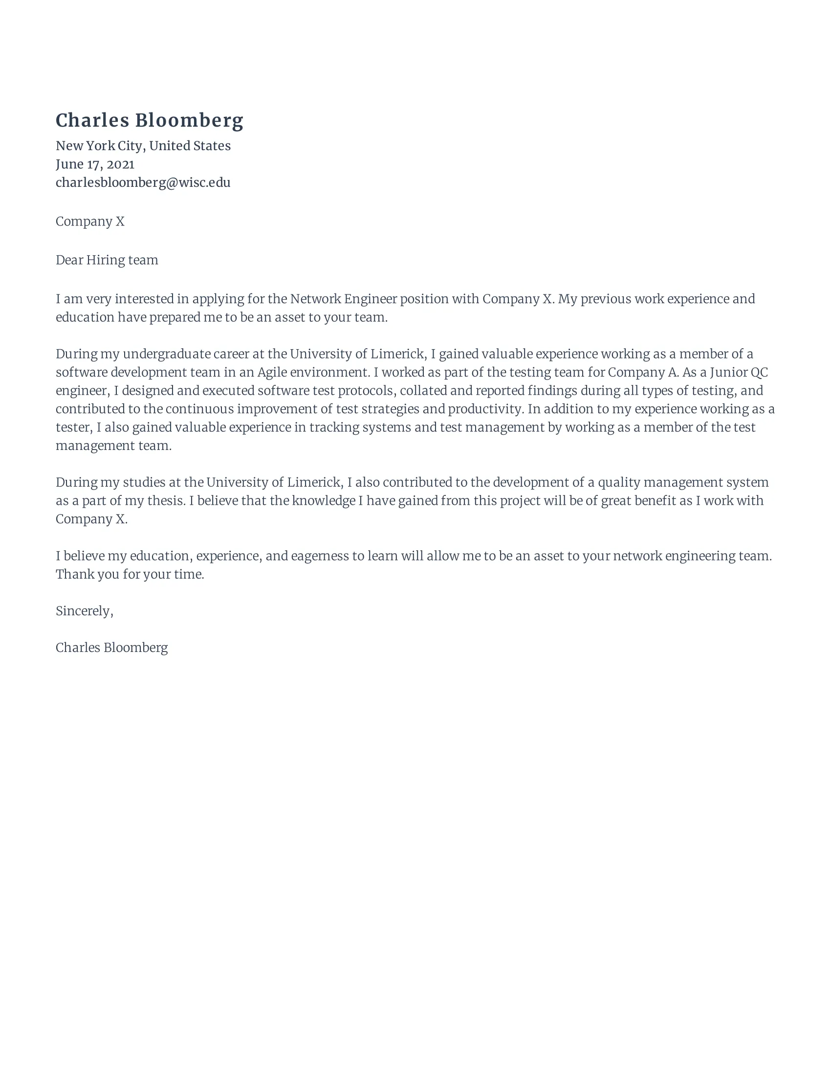 43049 network engineer cover letter experience