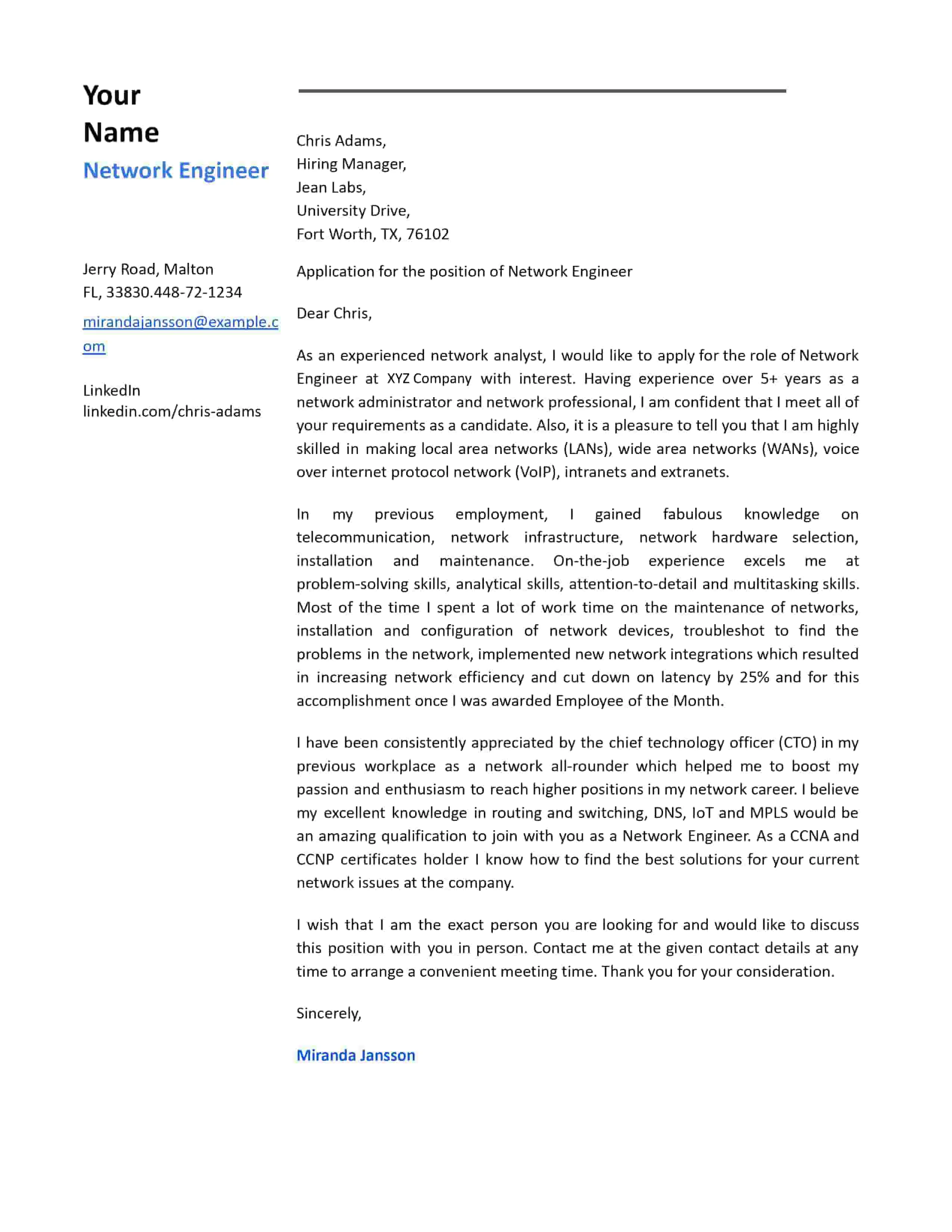 43049 network engineer cover letter skills