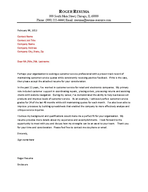 43060 customer service cover letter header