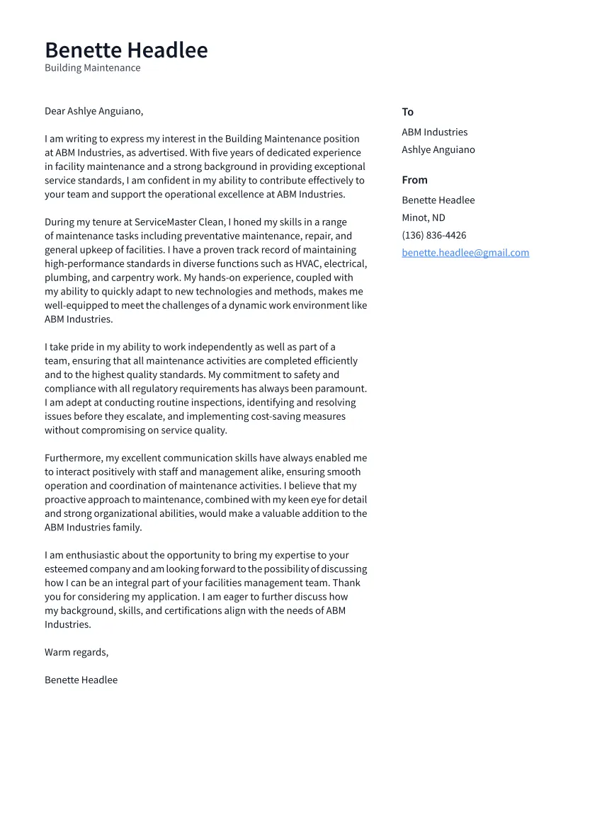 43076 building maintenance cover letter