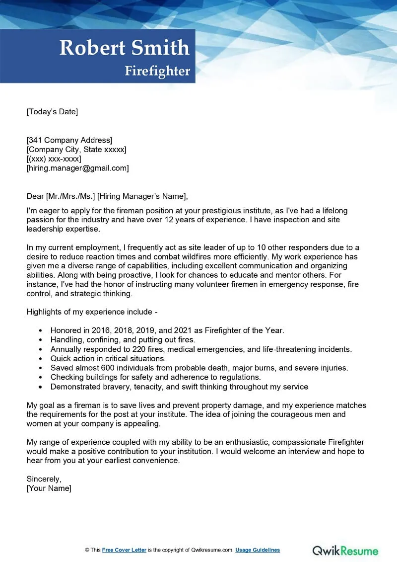 43086 firefighter cover letter achievements
