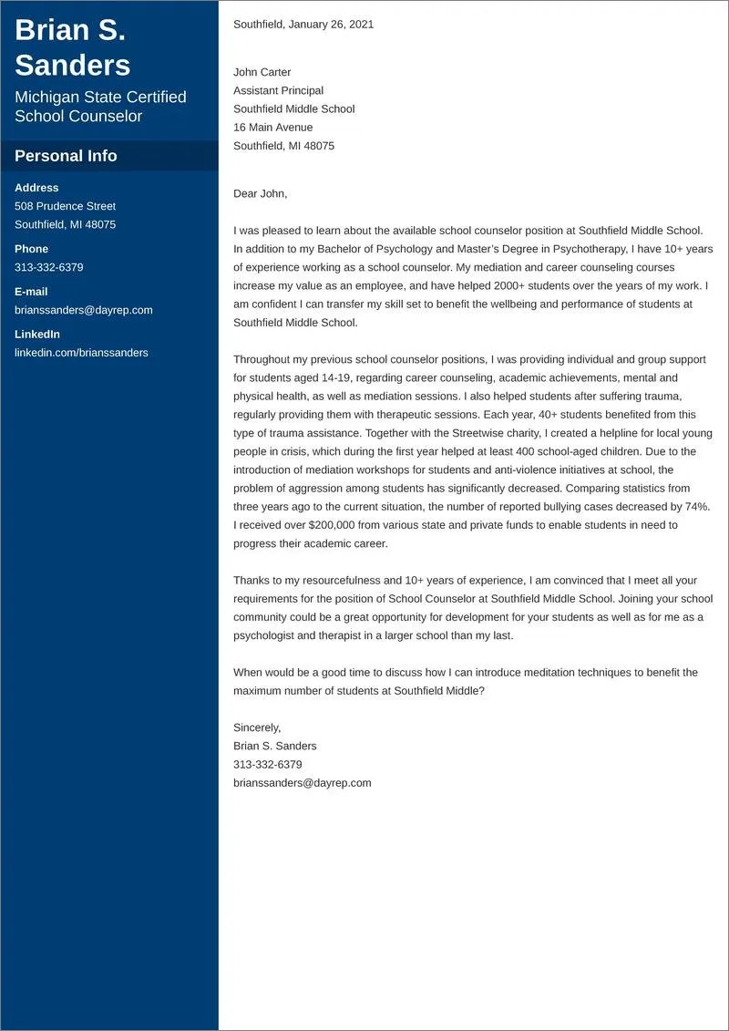 43088 school counselor cover letter
