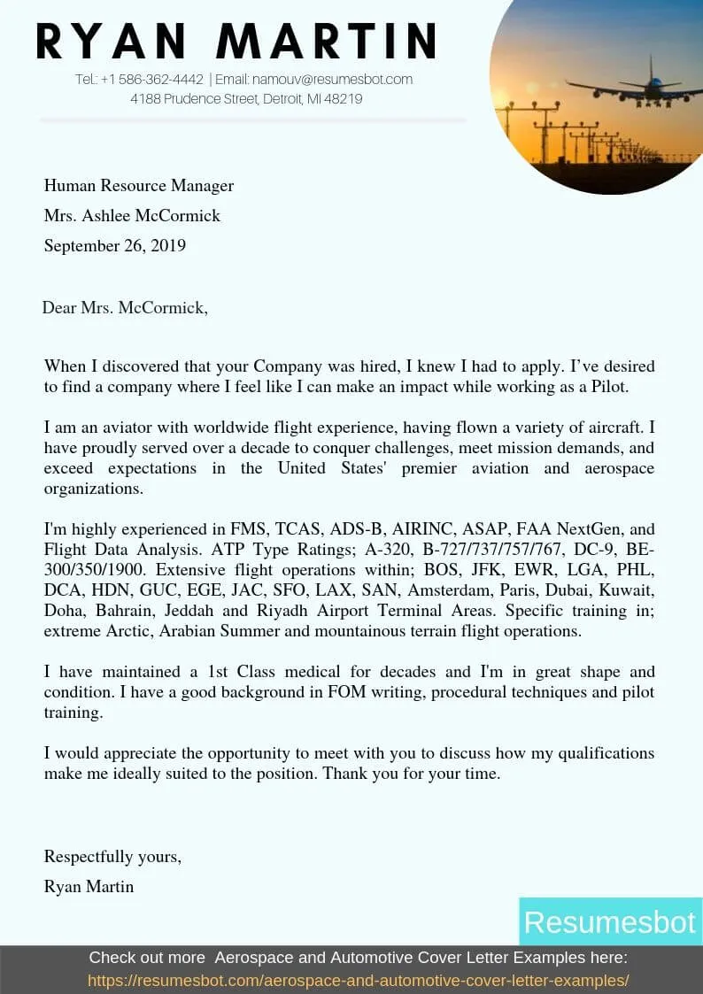43130 pilot cover letter components
