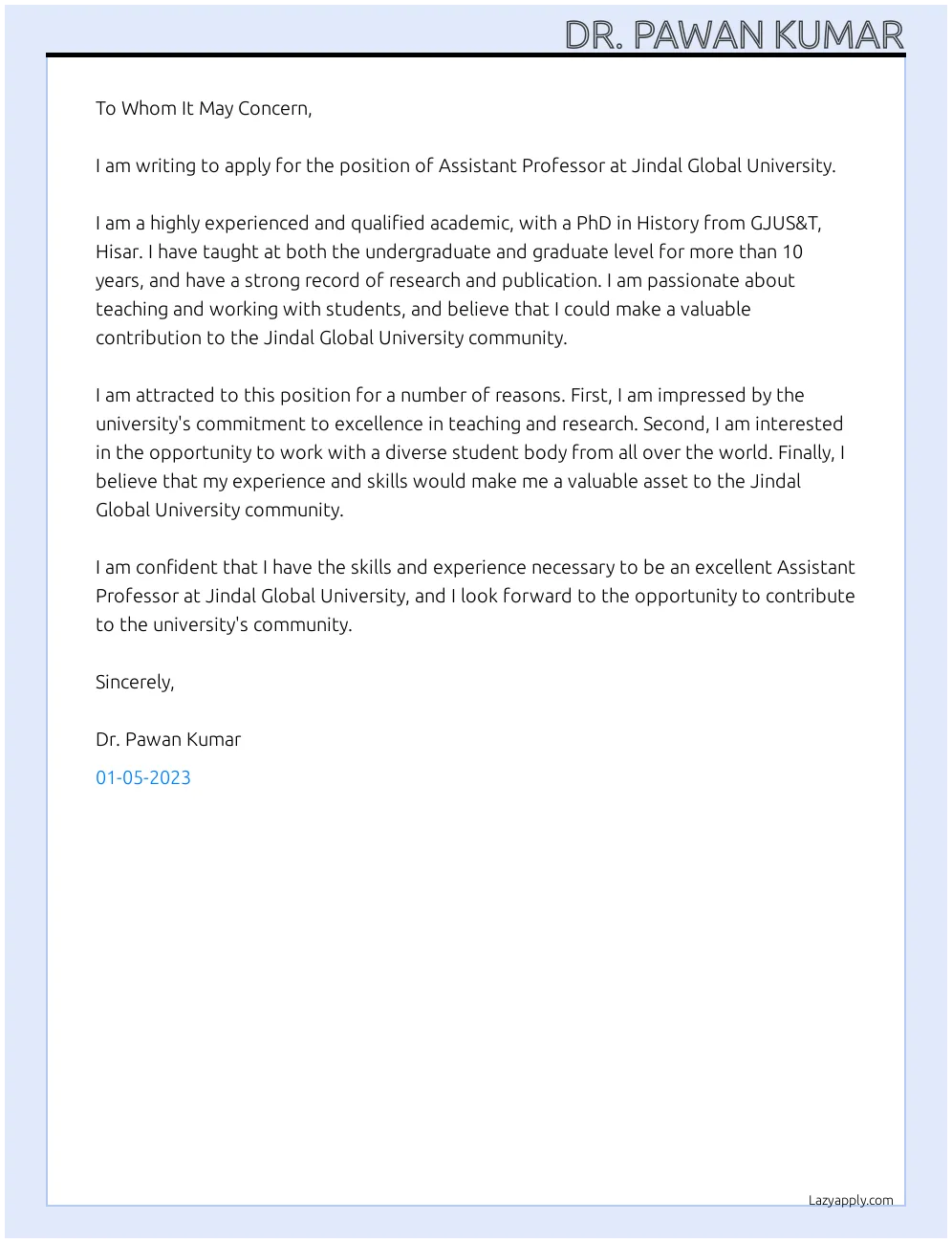 43191 professor cover letter teaching